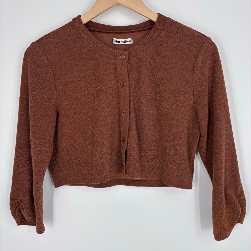 Reformation Cropped Cardigan Sweater Womens M Brown Knit Button Up Layering